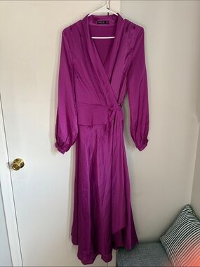 Nasty Gal Magenta Wrap Maxi Dress with Long Sleeves